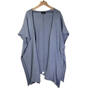 Eskandar Open Front Tabard Sweater‎ Knit Cardigan Wrap Shawl OS Blue Cotton